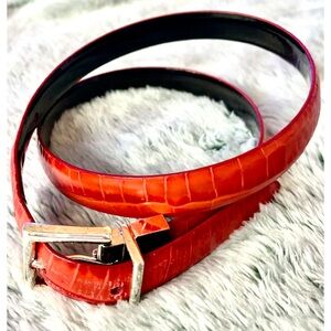 Ralph Lauren Orange Crocodile Embossed Thin Leather Belt Silver Buckle -34"